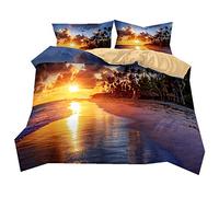 Bedding set Ocean Beach scenery Sunrise and Sunset Pattern Soft and Breathable Duvet cover and Pillowcase Bedding set 100% Polyester (Sunset, Double)