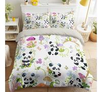 Bedding Set Single 140 x 200 cm, Cute Natural Pandas Flowers Mushrooms Duvet Cover Set Bed Linen for Children's and Girls' Bedroom, White Soft Microfibre with 1 Pillowcase, Easy Care