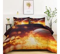 Bedding Set Single Size Fantasy Sports Basketball Flame Comforter Set 3 Pcs with 2 Pillowcases for Adult Women Men, Dark Brown Duvet Insert Quilt Sets 135x200 cm