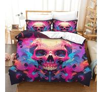 Bedding Set Skull 3Pcs 3D Printed Duvet Cover Set Colorful Skull Duvet Cover with Zipper Closure,Soft Microfiber Quilt Cover And 2*Pillowcases for Teens And Adults Bedroom Double（200x200cm）