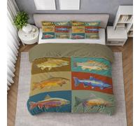 Bedding Set Small Double 180 X 220 cm, Animal Fish Block Duvet Cover Set, Deep Multi Quilt Cover, in Brushed Microfibre, Zip Closure, Skin Friendly, Daily Comfort, Soft Feel