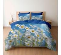 Bedding Set Sunny Daisy Blooming Flower Field, Reversible Duvet Cover Set with Pillowcases for Super King Bed, Deep Blue Bedding, Soft Microfiber Duvet Cover Zipper Closure 260 x 220 cm