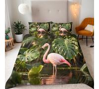 Bedding Set Tropical Plants Duvet Cover Sets Green Monstera Deliciosa, Flamingos King Size Duvet Sets Reversible Microfiber 3 Piece Quilt Cover with Zipper and 2 Pillow Case, King Size 230x220cm