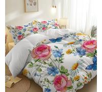 Bedding Set Watercolor Daisies Roses Theme Single Size Duvet Cover for Teens and Adults, Reversible All-Season 3-Piece Set 135 × 200 cm Microfiber Bedding with Zipper, White