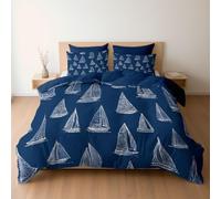 Bedding Set White Ink Hand Drawn Simple Sailboat, Reversible Duvet Cover Set with Pillowcases for Super King Bed, Deep Navy Bedding, Soft Microfiber Duvet Cover Zipper Closure 260 x 220 cm