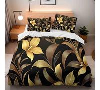 Bedding Sets King Size 220x230 cm + 2 Pillowcases 50x75 cm Duvet Cover Sets Microfiber King Size Bedding 3D Gold Flower Plant Print Beautiful Pattern Quilt Cover With Hidden Zip Corner Straps
