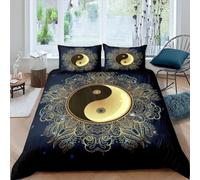 Bedding Single Duvet Cover Sets - Soft Microfibre Polyester Duvet Cover - Easy Care Quilt Cover Bedding Set with 2 Pillow cases - Blue Gold Tai Chi Printed, Single (135 cm x 200 cm)