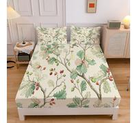 Bedding Super King Fitted Sheets,30cm Extra Deep Pocket Cream Bed Sheets,12 inch Ultra Soft Brushed Microfiber Breathable Shrinkage Pastoral Plants Abstract Oak Branches Leaves Bottom Sheet,180x200cm