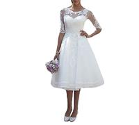 BEDEXU Women's Appliqué Wedding Dress Registry Office Short White a Line 3/4 Length Transparent Wedding Dresses with Sleeves, Ivory, 38