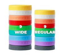 Bedgeta 18 Pack 9 Wide Mouth & 9 Regular Mouth Mason Jar Lids with Silicone Rings,Thickened Leak-proof Lids Fit Ball,Kerr and More, 18 Color Plastic Lids, 86mm &70mm Plastic Mason Jar Lids