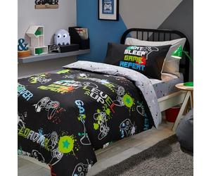 Bedlam Black Gaming Duvet Cover Single Size (140x200cm) - Glow in the Dark Reversible Bedding - 2 Pillowcases - Gamer Bedroom Accessories - Video Game Theme - Polycotton - 3 Piece Set