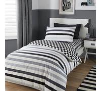 Bedlam - Black & White Checkered Duvet Cover - Single Bedding Size (200 x 140cm) - Reversible (2 Designs) - Black & White Striped Duvet Cover - Black & White Check Duvet Cover in Single