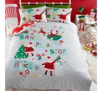 Bedlam - Cartoon Santa Please Stop Here Duvet Cover - Double Bedding Size (200 x 200cm) - Reversible (2 Designs) - 2x Pillowcases Included - Santa Sleigh, Snowman & Christmas Tree Christmas Bedding