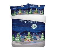 Bedlam Christmas Duvet Cover Single Bed Glow in the Dark Xmas Bedding Set (140x200cm) - Snow Village & Tree Design - 1 Pillowcase - Festive Decorations