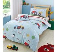 Bedlam - Farm Duvet Cover Sets - Double Bedding Size (200 x 200cm) - Farm Animals & Construction Tractor Bedding - Reversible Design - Farmyard Friends Collection, Blue