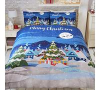 Bedlam Glow in the Dark Christmas Duvet Cover - Double (200x200cm) - Snow Village & Tree Print - Festive Bedding Set with 2 Pillowcases - Xmas Quilt Cover - Soft Winter Decoration