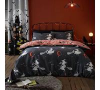 Bedlam Halloween Duvet Cover Single - Glow in the Dark Flying Witches & Spooky Bats - Reversible Soft Fabric Bedding Set (140 x 200cm) - Kids Halloween Bedroom Decor