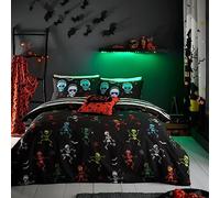 Bedlam - Halloween Skeleton Duvet Cover - Double Bedding Size (200 x 200cm) - Reversible (2 Designs) - Glow in the Dark Duvet Cover - Dancing Skeletons & Skulls Duvet Cover - Halloween Bedding & Decor