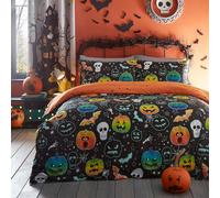 Bedlam - Halloween Pumpkin & Skulls Duvet Cover - Single Bedding Size (140 x 200cm) - Reversible (2 Designs) - Glow in the Dark - Skeleton & Bat Design in Black - Halloween Decorations