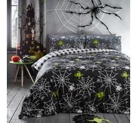Bedlam - Halloween Spiders Duvet Cover - Single Bedding Size (140 x 200cm) - Reversible (2 Designs) - Black Check - Glow in the Dark - Spider Webs Halloween Bedding in Grey Halloween Decorations