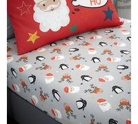 Bedlam - Kids Christmas Fitted Sheet (190 x 95 x 25cm) - Christmas Bed Sheet for Kids - Cartoon Santa Claus, Reindeer & Penguin Fitted Sheet - Grey Christmas Bed Sheet