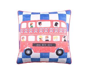 Bedlam - London Red Bus Cushion (43 x 43cm) - Soft Velvet - Reversible (2 Colours) - Filling/Insert Included - Super Soft Velvet Cushion with Bus - Bus Transport Themed Cushion in Blue/Red