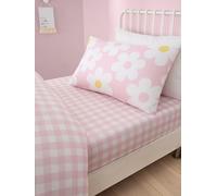 Bedlam Pink Check Bed Sheet - Single Fitted Sheet (190 x 90 cm) - Gingham Plaid Fitted Sheet in Pink - Floral Bedding for Girls - Polyester