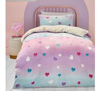 Bedlam - Pink Heart Teddy Fleece Duvet Cover - Single Bedding Size (140 x 200cm) - Soft & Cosy Fleece Bedding in Single - Pink Ombre Duvet Cover for Girls - Rainbow Bedding with Love Heart for Kids