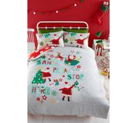 Bedlam - Cartoon Santa Please Stop Here Duvet Cover - Double Bedding Size (200 x 200cm) - Reversible (2 Designs) - 2x Pillowcases Included - Santa Sleigh, Snowman & Christmas Tree Christmas Bedding