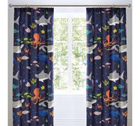 Bedlam - Sea Animals Curtains - Two Panels W66 x L72 (168 x 183cm) Sharks, Fish & Whales Bedding for Kids - Dark Blue Pencil Pleat Curtains for Boys - Sea Creatures Bedroom Accessories