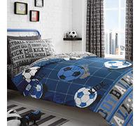 FOOTBALL SOCCER SHOOT GOAL BOYS KIDS DOUBLE DUVET QUILT COVER BEDDING SET BLUE