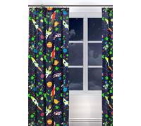 Bedlam 'Supersonic' Glow In The Dark Space Rocket Pair of Pencil Pleat Curtains in Blue | Size: 168 cm width x 183 cm drop Bedlam Blue 168 cm width x 183 cm drop