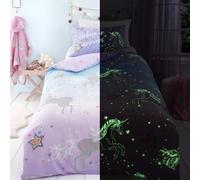 Bedlam Unicorn Bedding Sets in Pink and Lilac - Single Size (200 x 140 cm) - Glow in the Dark - Reversible Design - Magic Stars and Unicorns Bedding for Girls -