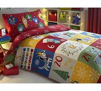 Bedlam Xmas Patch Advent' Calendar Face with Snowflakes on Red Ground Reverse Duvet Cover Set, Polyester-Cotton, Multicolour, Single