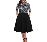 BEDOAR Women's Vintage Bow Tie V-Neck 3/4 Sleeve Pockets Casual Plus Size Work Party Cocktail Swing A-line Dresses, Black Plaid, 16W