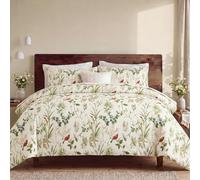 Bedorm 100% Cotton Comforter Set Queen Size Vintage Floral Bedding Set Green Leaf Botanical Print French Country Bedroom Decor Soft & Breathable Bed Comforter Queen Set