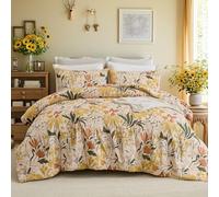 Bedorm Cotton Queen Comforter Yellow Floral Bedding Set Green Leaf Orange Flower Garden Country Theme Bedding Botanical Cottagecore Aesthetic Comforter Set All Season