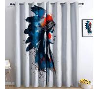 Bedroom 100% Blackout Curtains W 110" x L 102", American Style Printed Thermal Insulated Curtains, for Kids Room Living Room Decorate, Feathers Headdress Girl Polyester Washable Panels