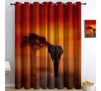 Bedroom 100% Blackout Curtains W 59" x L 65", African Savanna Printed Thermal Insulated Curtains, for Kids Room Living Room Decorate, Sunset Animal Elephant Polyester Washable Panels