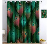 Bedroom 100% Blackout Curtains W 59" x L 65", Minimalism Printed Thermal Insulated Curtains, for Kids Room Living Room Decorate, Geometric Peacock Feathers Flowers Polyester Washable Panels