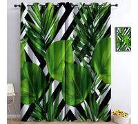Bedroom 100% Blackout Curtains W 92" x L 72", Moire Stripes Printed Thermal Insulated Curtains, for Kids Room Living Room Decorate, Tropical Plants Green Palm Leaves Polyester Washable Panels