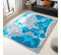 Bedroom Area Rug 120 x 180 cm Flannel Non Slip Soft, Modern Continent Map Theme Kids Room Play Crawl Mat, Gray Blue Machine Washable Low Pile Carpets Home for Decor Gifts Non Shedding