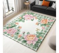 Bedroom Area Rug 120 x 180 cm Flannel Non Slip Soft, Retro Flowers Checkered Theme Kids Room Play Crawl Mat, Green Pink Machine Washable Low Pile Carpets Home for Decor Gifts Non Shedding