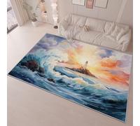 Bedroom Area Rug 160 x 230 cm Flannel Non Slip Soft, Watercolor Waves Lighthouse Theme Kids Room Play Crawl Mat, Blue Machine Washable Low Pile Carpets Home for Decor Gifts Non Shedding