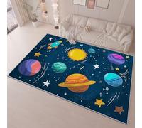 Bedroom Area Rug 60 x 90 cm Flannel Non Slip Soft, Cartoon Planet Rocket Theme Kids Room Play Crawl Mat, Dark Blue Machine Washable Low Pile Carpets Home for Decor Gifts Non Shedding