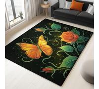 Bedroom Area Rug 60 x 90 cm Flannel Non Slip Soft, Dreamlike Butterfly Rose Theme Kids Room Play Crawl Mat, Black Orange Machine Washable Low Pile Carpets Home for Decor Gifts Non Shedding