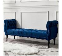 Bedroom Bench Velvet Ottoman Buttons Tufted Bench, Upholstered End of Bed Bench, Soft Indoor Benches with Arms and Solid Wood Leg, Bed Bench for Living Room, Entryway,Blue 2,140cm/55in