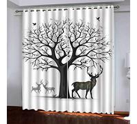 Bedroom Blackout Thermal Insulated Curtains - 3D Digital Black And White Trees Elk Printing Darkening Curtain 2 Panels Soft Noise Reduction Top Eyelet For Living Room Decorative 264X210cm