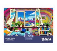Bedroom Cat Jigsaw Puzzles Puzzles for Adults Kids. 1000 Pieces City View from Window Impossible Challenge Toy Educational Games Home Decoration for Educational Games Gifts 70x50cm/1000pcs