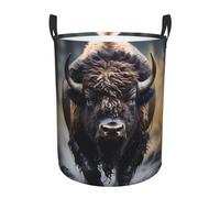 Bedroom clothes storage basket with handles, North American bison portable storage laundry basket, round single-layer laundry basket
